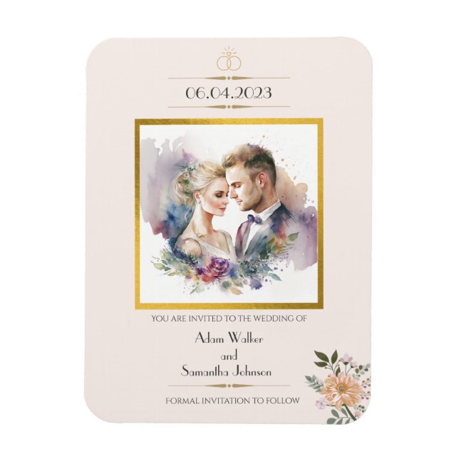 Traditional Couple Gold Flower Save the Date Magnet (Vertical)