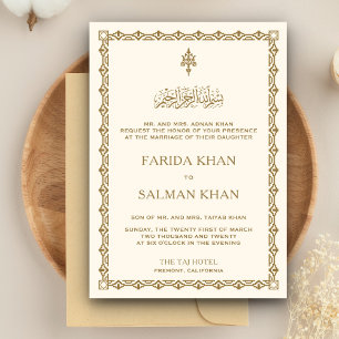 Traditional Cream and Gold Border Islamic Wedding Invitation