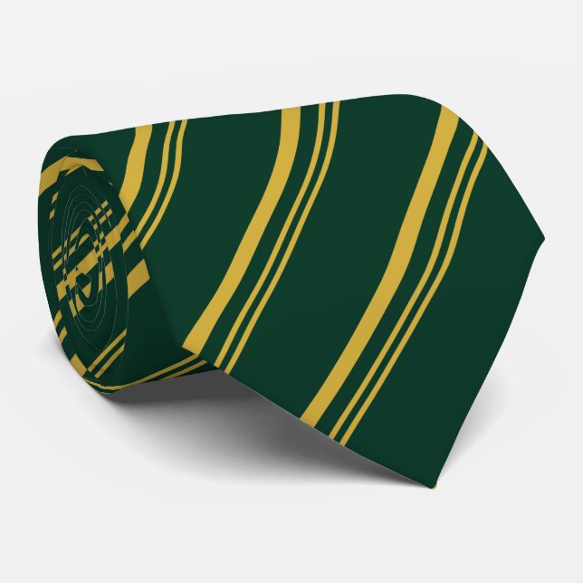 Traditional Dark Green and Gold Diagonal Stripes Tie (Rolled)
