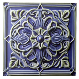 Traditional Dark Indigo Blue Faux Relief Flower Ceramic Tile