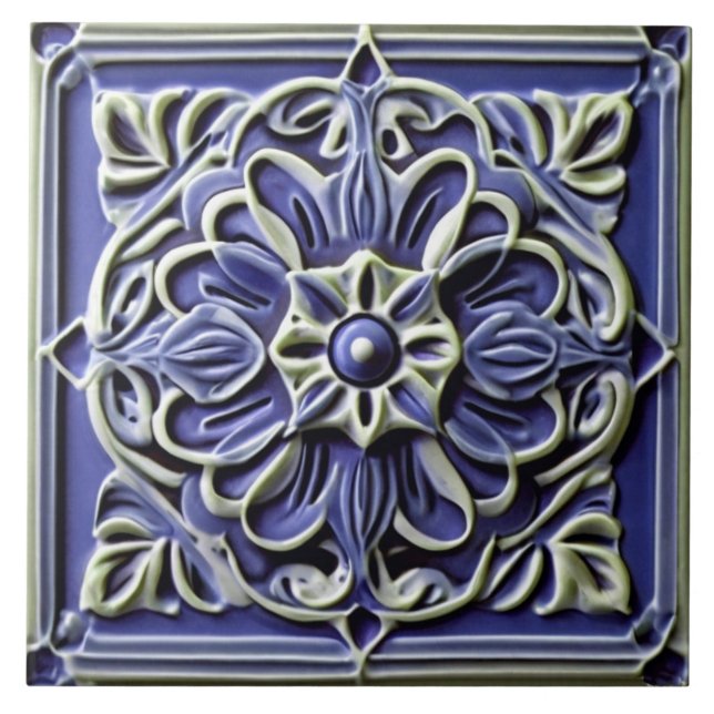 Traditional Dark Indigo Blue Faux Relief Flower Ceramic Tile (Front)