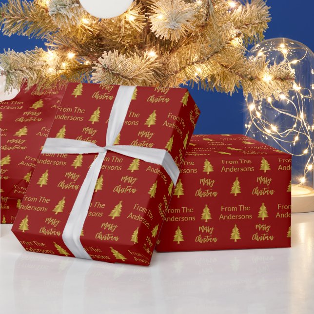 Traditional Dark Red Gold Merry Christmas Trees Wrapping Paper (Holidays)