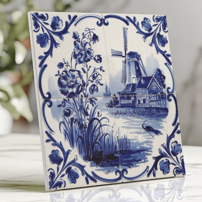 Traditional Delftware Windmill and Floral Ceramic Tile (Creator Uploaded)