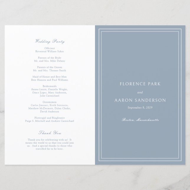 Traditional Dusty Blue Catholic Wedding Program (Front)