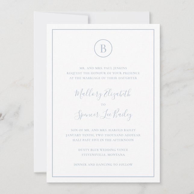 Traditional Dusty Blue Elegant All In One Wedding Invitation (Front)