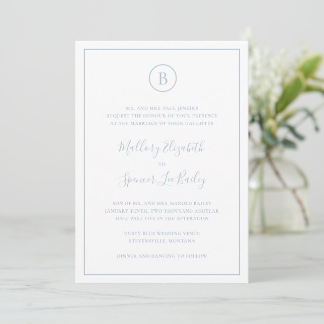 Traditional Dusty Blue Elegant Wedding Invitation (Standing Front)
