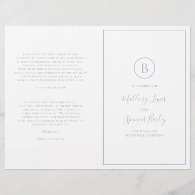 Traditional Dusty Blue Elegant Wedding Program (Front)