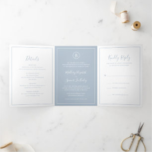 Traditional Dusty Blue Elegant Wedding Tri-Fold Invitation