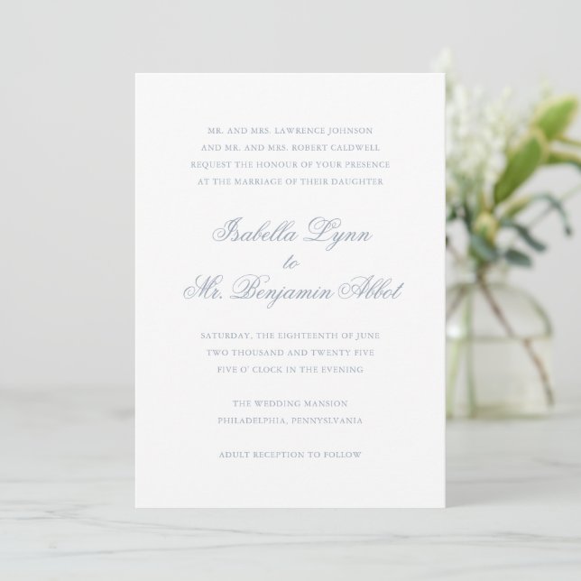 Traditional Dusty Blue Formal Elegant Wedding Invitation (Standing Front)