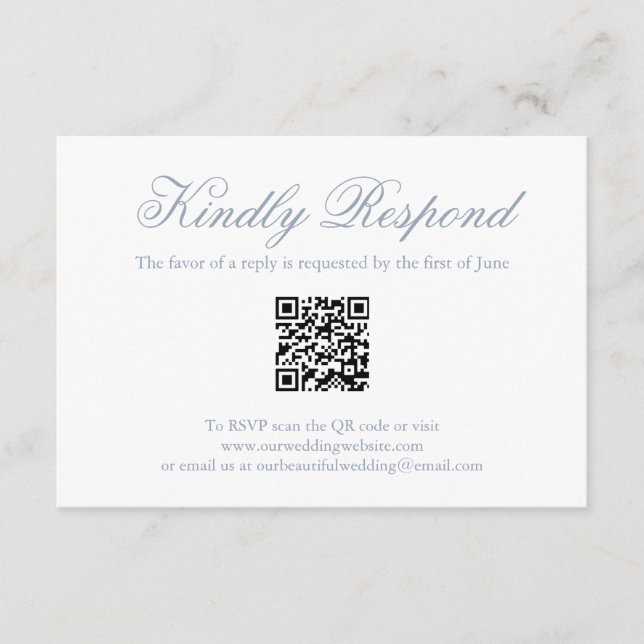 Traditional Dusty Blue Formal QR Code Wedding RSVP Card (Front)