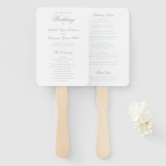 Traditional Dusty Blue Formal Wedding Program Hand Fan (Front and Back)