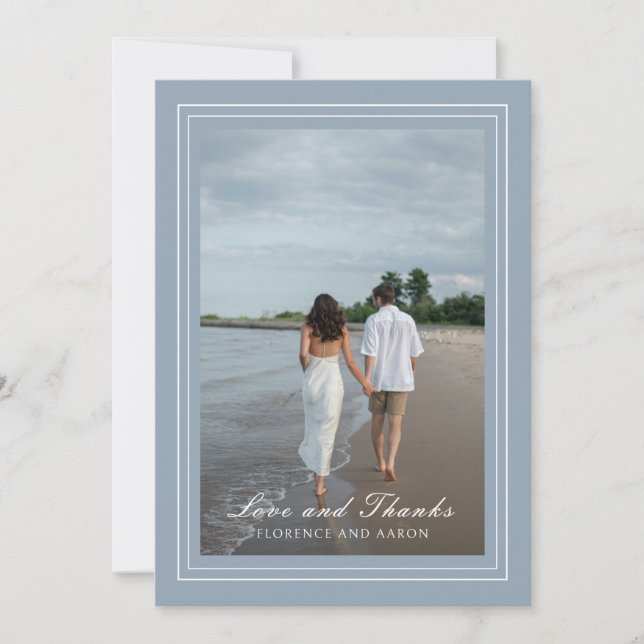 Traditional Dusty Blue Photo Timeless Wedding Thank You Card (Front)