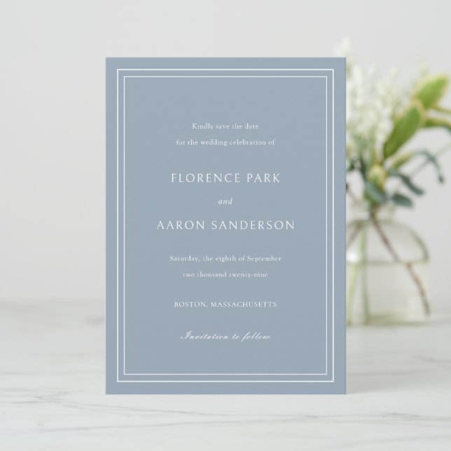 Traditional Dusty Blue Timeless Wedding Save The Date (Standing Front)