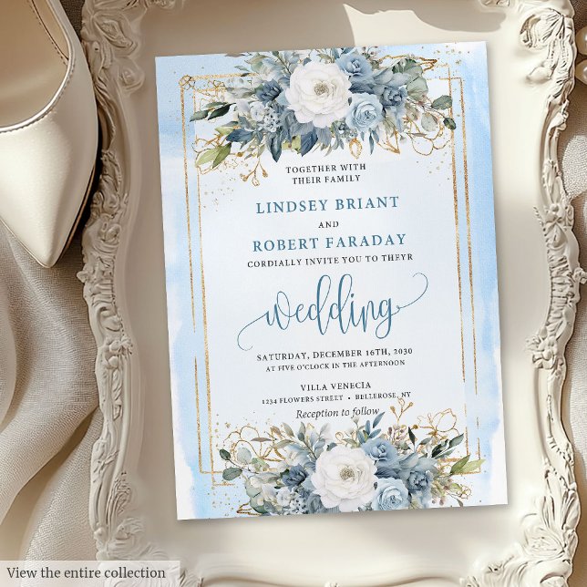 Traditional Dusty Blue White Gold Flowers Invites (Traditional Dusty Blue White Gold Flowers Invitation)