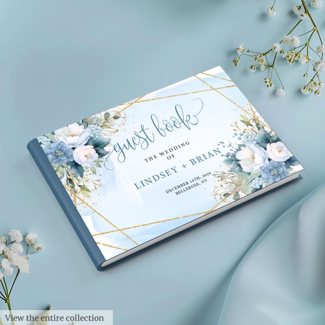 Traditional Dusty Blue White Gold Peonies Wedding Guest Book (Traditional Dusty Blue White Gold Peonies Guest Book)