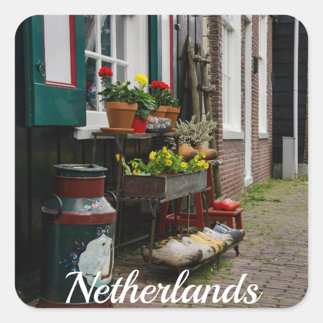Traditional Dutch wooden shoes on street Square Sticker (Front)