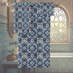 Traditional Elegance   Blue & White Morrocan Tiles Bath Towel Set