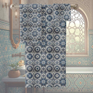 Traditional Elegance   Blue & White Morrocan Tiles Bath Towel Set
