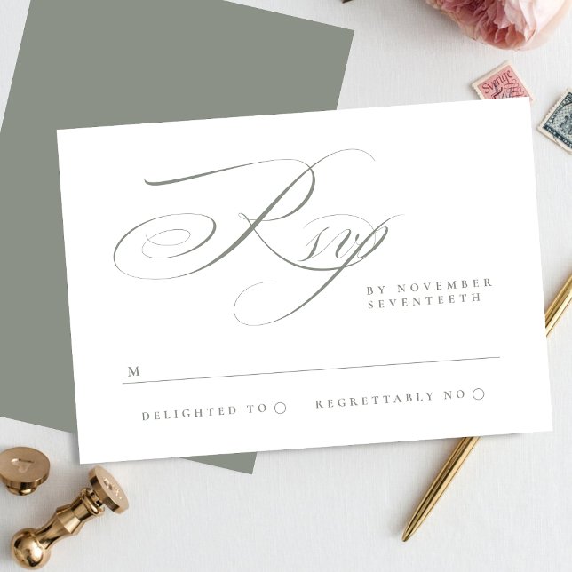 Traditional Elegant Calligraphy Grey Green Wedding RSVP Card (Creator Uploaded)
