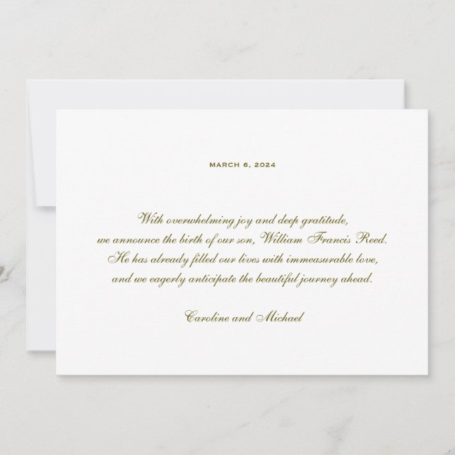 Traditional Elegant Gender Neutral Birth  Announcement (Front)