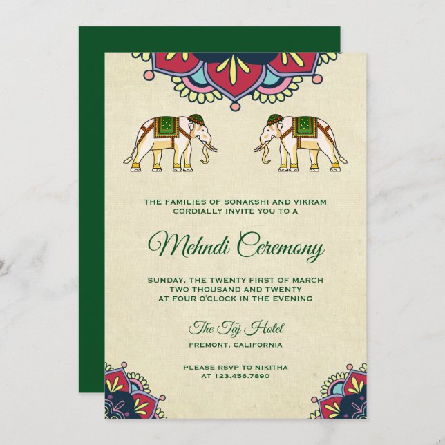 Traditional Elephants Indian Henna Mehndi Ceremony Invitation (Front/Back)