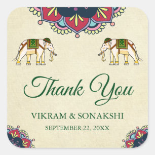Traditional Elephants Indian Wedding Favour Sticke Square Sticker