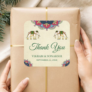 Traditional Elephants Indian Wedding Favour Sticke Square Sticker