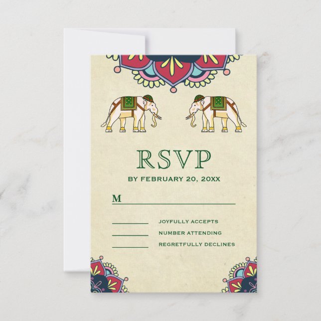 Traditional Elephants Indian Wedding RSVP Card (Front)