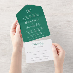 Traditional Emerald Green Elegant Wedding All In One Invitation