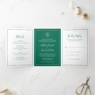 Traditional Emerald Green Elegant Wedding Tri-Fold Invitation