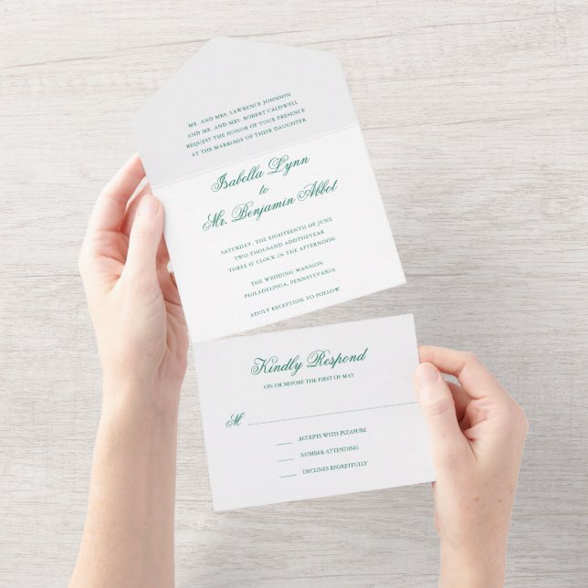 Traditional Emerald Green Formal Elegant Wedding All In One Invitation (Tearaway)