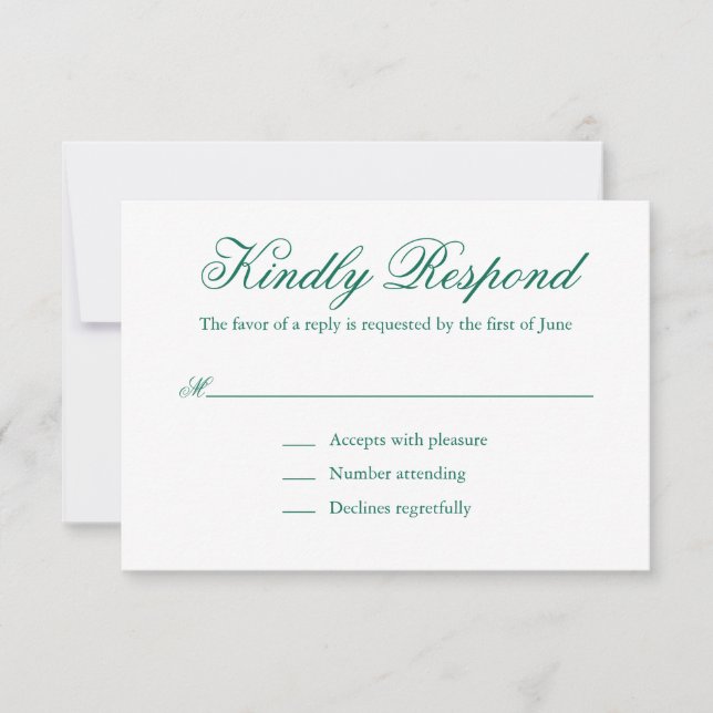 Traditional Emerald Green Formal Elegant Wedding RSVP Card (Front)