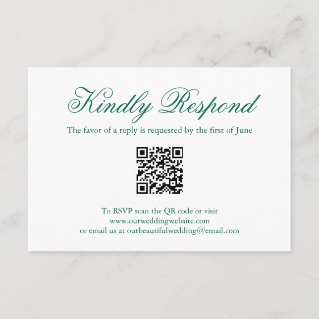 Traditional Emerald Green Formal QR Code Wedding RSVP Card (Front)