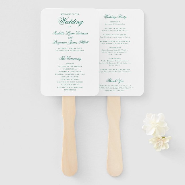 Traditional Emerald Green Formal Wedding Program Hand Fan (Front and Back)