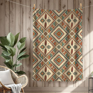 Traditional Ethnic vibrant Tribal feathers brown Fleece Blanket