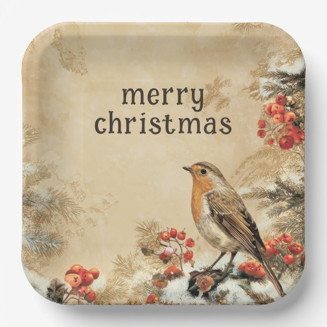 Traditional European Robin Christmas Holiday Paper Plate (Front)
