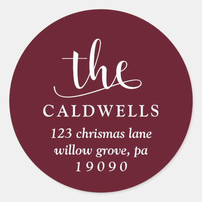 Traditional Family Calligraphy Red Return Address Classic Round Sticker (Front)