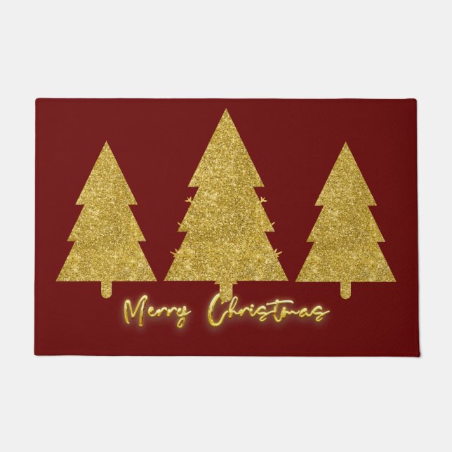 Traditional family Christmas trees gold and red Doormat (Front)