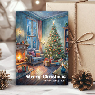 Traditional festive scene card red green lettering