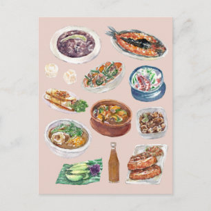 Traditional Filipino Food in Watercolor Pinoy Postcard