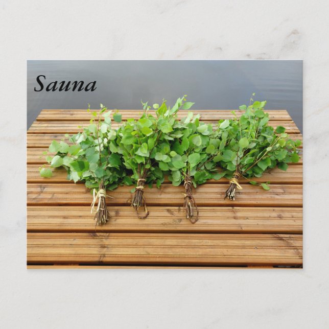 Traditional Finnish bath whisks on a jetty Postcard (Front)