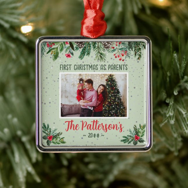 Traditional First Christmas as New Parents Metal Ornament (Tree)