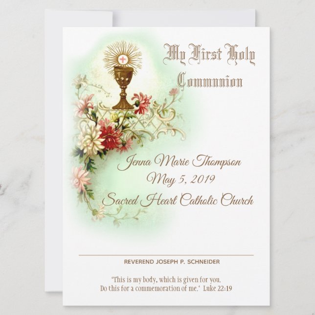Traditional First Holy Communion Certificate Holiday Card (Front)