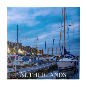 Traditional fishing town night scene ceramic tile