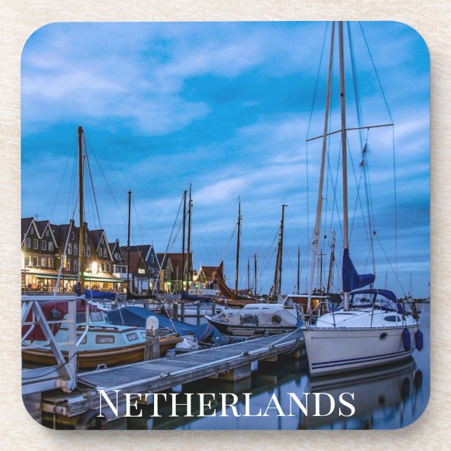 Traditional fishing town night scene coaster (Front)