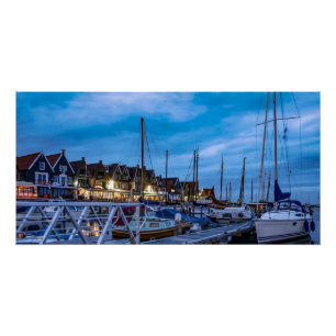 Traditional fishing town night scene poster