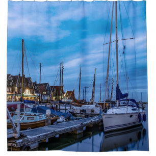 Traditional fishing town night scene shower curtain