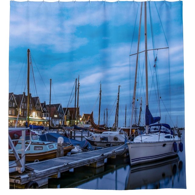 Traditional fishing town night scene shower curtain (Front)