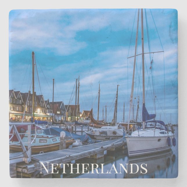 Traditional fishing town night scene. stone coaster (Front)