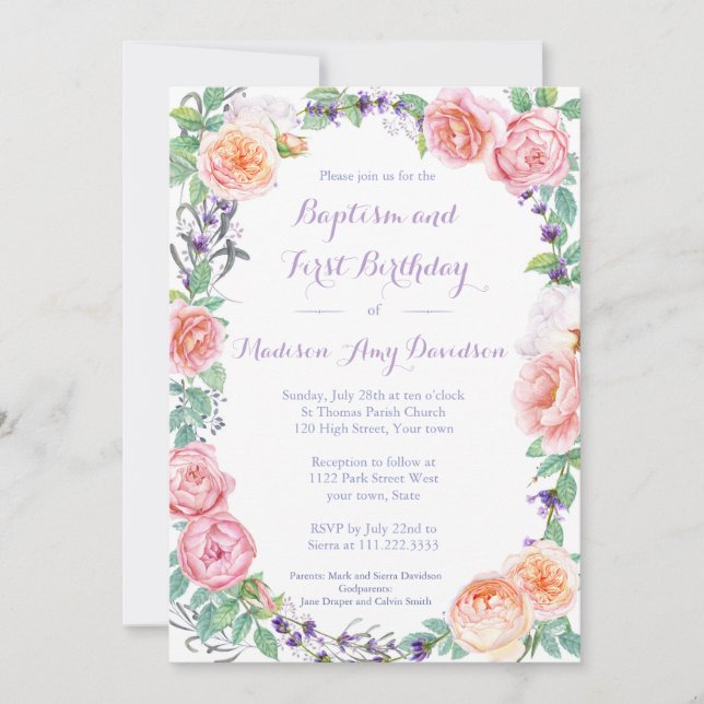 Traditional floral Baptism & Birthday Party Invite (Front)